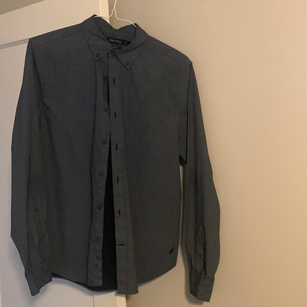Nautica mens button down casual dress slim fit shirt dark navy  size large
